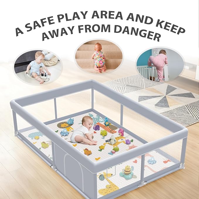 XVISHX Baby Playpen with Mat, 65 x 50 Inch Play Pen Playards, Playpen for Babies and Toddlers, Baby Playard for Indoor & Outdoor Active Center Game Fence, Skin-Friendly Fabric and Soft Breathable Mesh