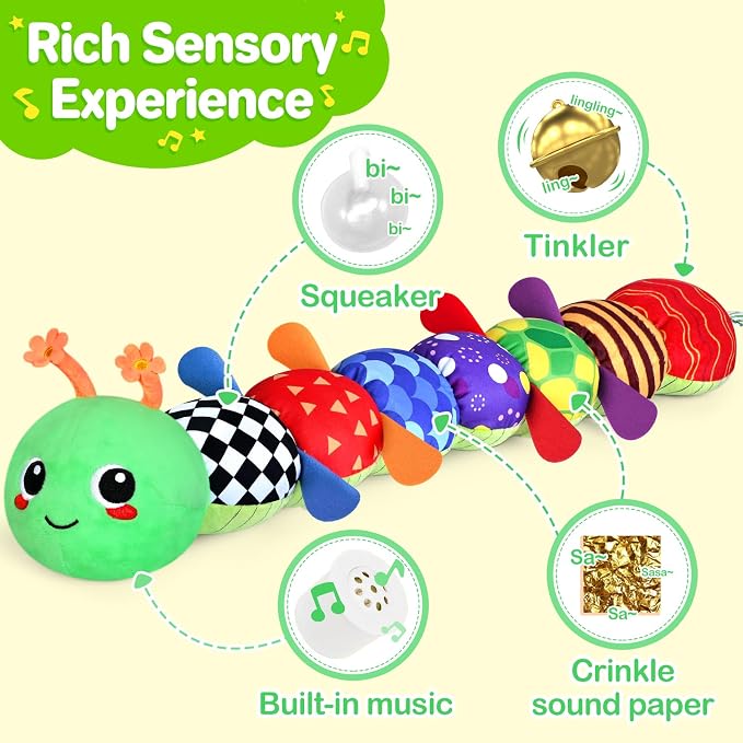 KMUYSL Baby Sensory Caterpillar Toys for 0-6 6-12 Months, Soft Plush Activity Toy with Crinkle, Rattle & Gentle Music, Tummy Time Toy for Infant Newborn, Early Development Toy Shower Gifts for Baby