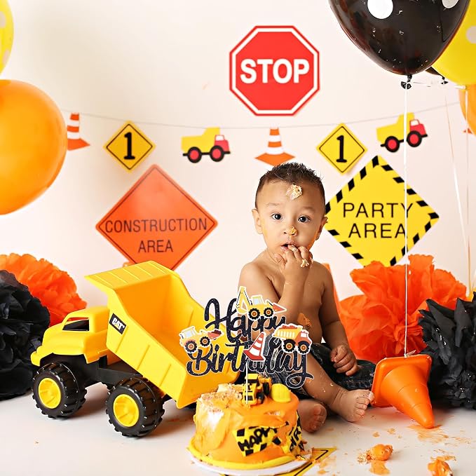 Construction Theme Happy Birthday Cake Topper Glitter Construction Cake Pick Dump Truck Excavator Tractor Cake Decorations Vehicles Cake Topper for Kids Birthday Baby Shower Party