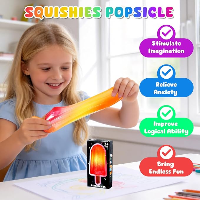 Malt Sugar Popsicle Squishy, Ice Cream Squishies Slow Rising Sensory Fidget Travel Toys for Adults, Kids, and Teens – Summer Classroom Prize (Orange red)
