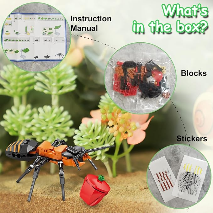 KAZI Bugs Building Toy Set,Insect Collection Building Blocks Including 8 Different Bug,STEM Toys for Kids Age 8 and Up,Play and Display Gift Idea for Boys & Girls,Easter Basket Stuffers
