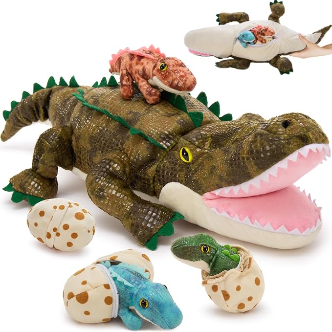 MorisMos Plush Alligator Stuffed Animal with Babies, 23.6'' Mommy Stuffed Alligator with 3 Baby Crocodile Animals & 3 Plush Eggs, Lifelike Crocodile Toys for Kid 3-5 Birthday Decor