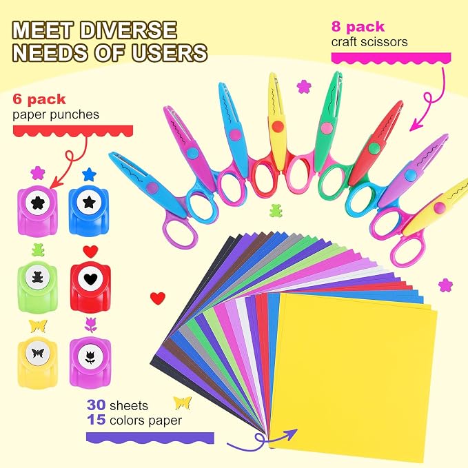 UCEC 44 Pack Arts and Crafts Supplies Kit for Kids, 8 Decorative Edge Craft Scissors, 6 Shape Paper Punchers, and 30 Sheets Colored Cardstock Paper for DIY Scrapbooking, Card Making, School Classroom