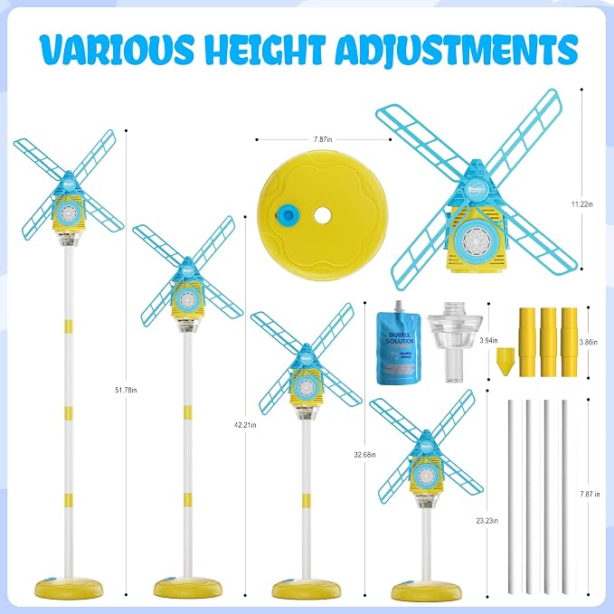 Windmill Bubble Machine for Kids, 51" Adjustable Height Standing Bubble Maker with Lights & Music, 10-Hole Battery Operated Bubble Blower with 130ml Tank, Outdoor Backyard Party Toys for Toddlers
