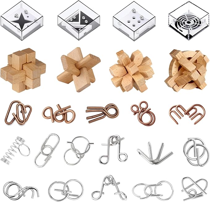 24 Pack Brain Teaser Puzzle Set, Metal & Wooden Puzzles with Balance Challenges, IQ Logic Games and Mind Teaser Toys Party Favors Return Gifts for Kids Teens and Adults