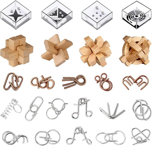 24 Pack Brain Teaser Puzzle Set, Metal & Wooden Puzzles with Balance Challenges, IQ Logic Games and Mind Teaser Toys Party Favors Return Gifts for Kids Teens and Adults
