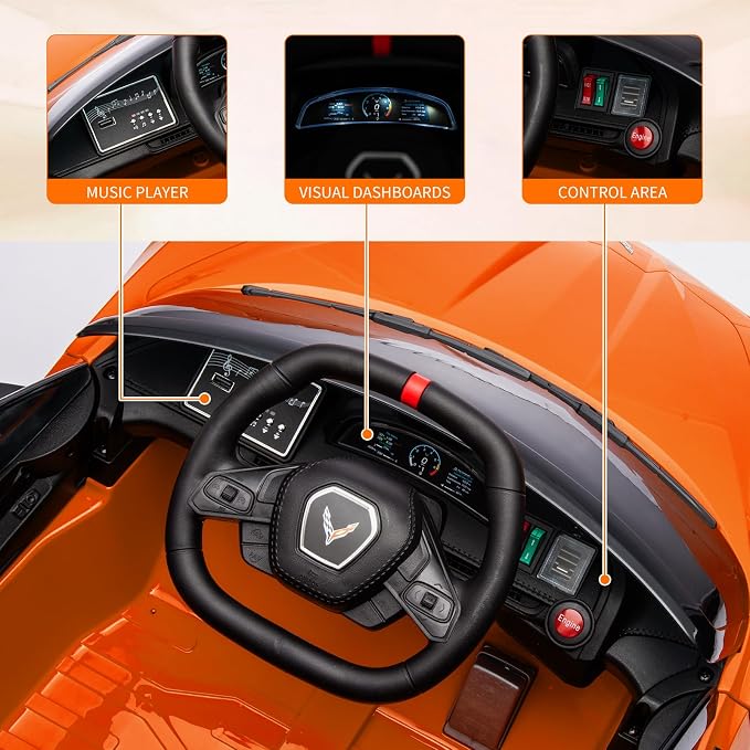 Garvee 12V Kids Ride on Car Licensed Corvette Toddlers Electric Sports Car Ride on Toy with Remote Control, Visual Dashboard, LED Lights, Music for Boys & Girls, Orange
