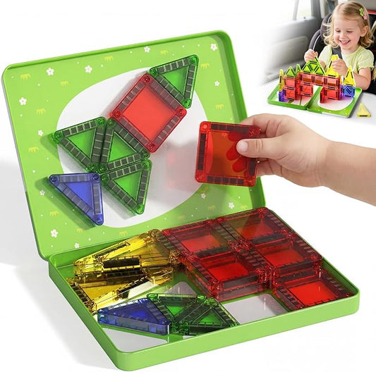 Travel Magnetic Tiles for Kids Car Games: 26 PCS Mini Magnet Building Blocks in Tin Box to Stop Crying - 0.64 lb Pocket Size Educational Toy - Road Trip Essentials - Boys Girls Age 3-8