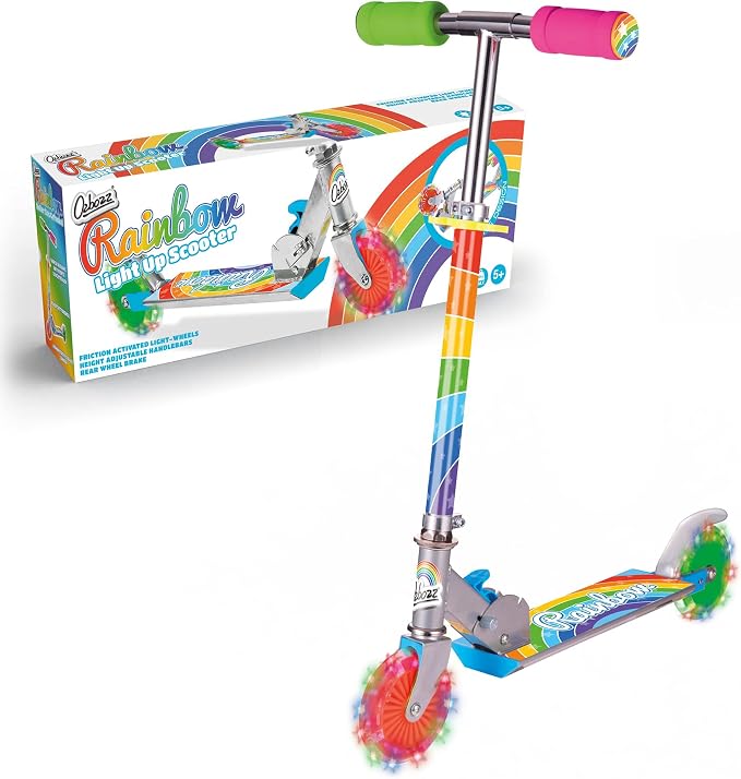 Ozbozz Rainbow Folding Scooter with Light-Up Wheels, Adjustable Height, Rear Brake, for Kids Ages 5 and Up - Portable Design