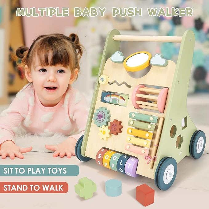 Baby Push Walker, Wooden Baby Walker with Wheels, Montessori Walker for Babies 12 Months, Adjustable Speed Push Walking Toys for Boys & Girls 1 Year Old, Christmas Birthday Gifts for Toddler