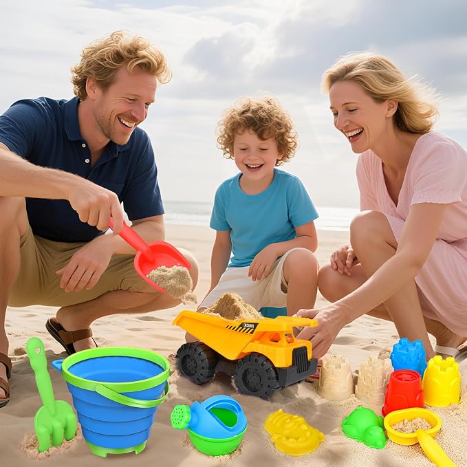 Beach Toys, 14Pcs Sand Toys with Construction Vehicle and Collapsible Beach Bucket, Animal Sand Mold Sets, Watering Can,Shovel Set with Mesh Bag,Summer Outdoor Play Travel Sandbox Gift for Boys Girls