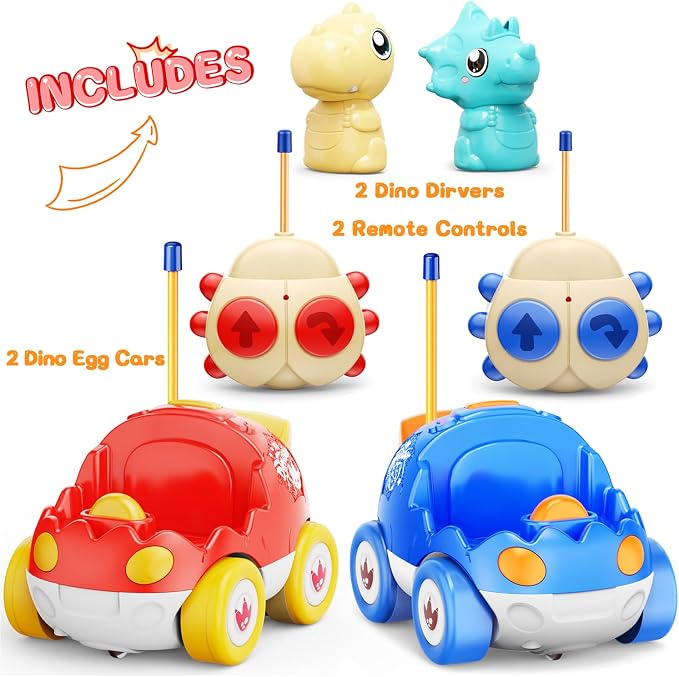 Kidz do 2 Pack Dinosaur Remote Control Cars Toys for Kids 2 3 4 5 Years Old, Christmas Birthday Gifts for Boys and Girls Ages 2-5, Dino Race Car Toddlers Toys with Music and Light(Red Blue)