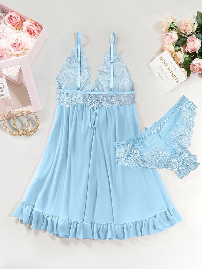 Foxiny Sexy Open Front V Neck Ruffle Sheer Mesh Lace Wireless Babydoll Lingerie Dress with Thong 2 Piece
