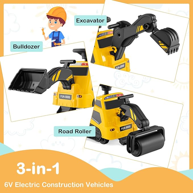 Costzon 3-in-1 Ride on Tractor, Electric Excavator Bulldozer Toy Road Roller w/Adjustable Arms, Music, 6V Ride on Construction Vehicles for Kids 1.5+ Years Old