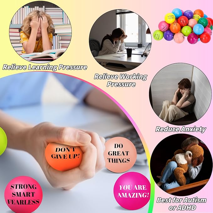 60 Pieces Motivational Stress Balls 2.5 Inch Inspirational Stress Relief Ball Bulk Hand Exercise Balls Encouraging Colorful Foam Balls Anxiety Small Balls with Quotes for Kids Adults Teens, 12 Styles