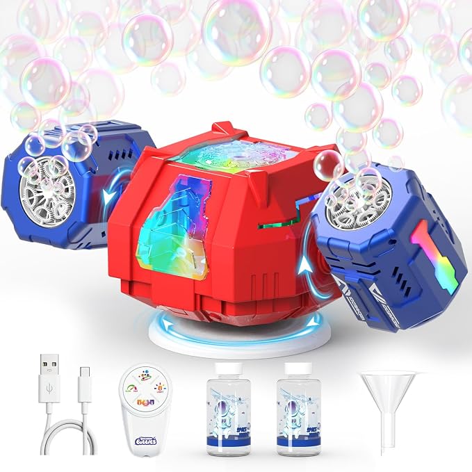 Bubble Machine - Auto 360° Rotation, Remote Control(65-131ft), 9Colors RGB Lights, 40000+ Bubbles, USB-C Rechargeable - Gift Toys for Kids, Toddler, Boys, Girls, Parties, Birthday, Wedding