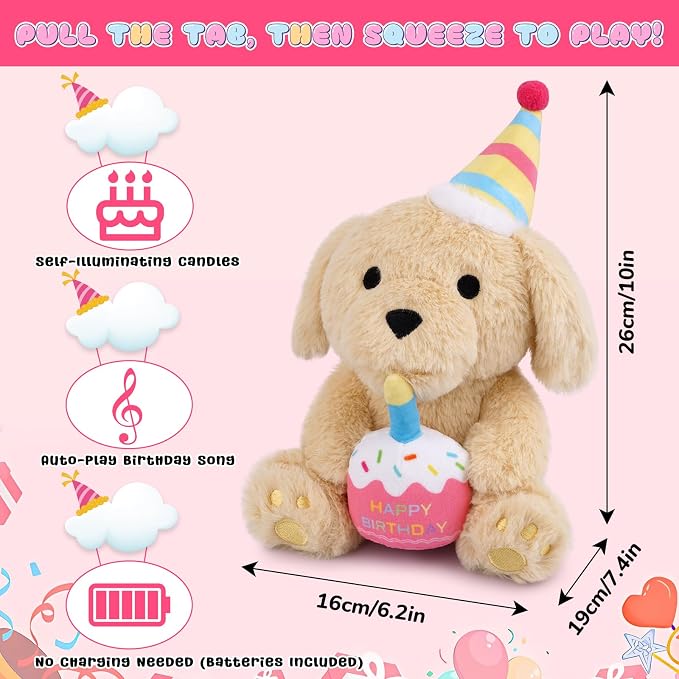 Birthday Sit Dog Plush Toy- Happy Birthday Singing & Glow Stuffed Animal, Musical Dancing Soft Puppy Stuffed Animal with Light-Up Cake, Singing Toy Party Doll Decor Gift for Girls Kids Boys