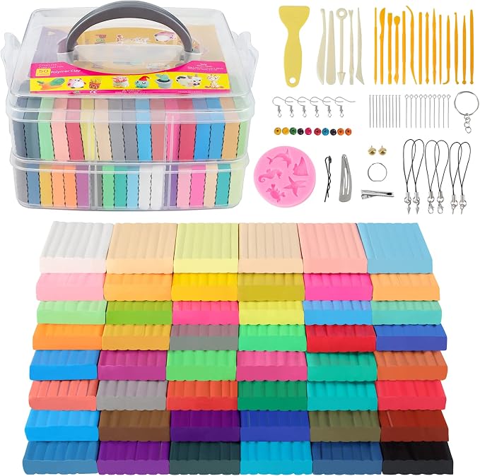 Cyajm 50 Colors Polymer Clay, Non-Toxic Oven Bake Modeling Clay Kit, Soft Molding Craft Clay for Kids Parent-Child DIY, Students School Art Class, Blogger Jewelry Making & Home Decoration