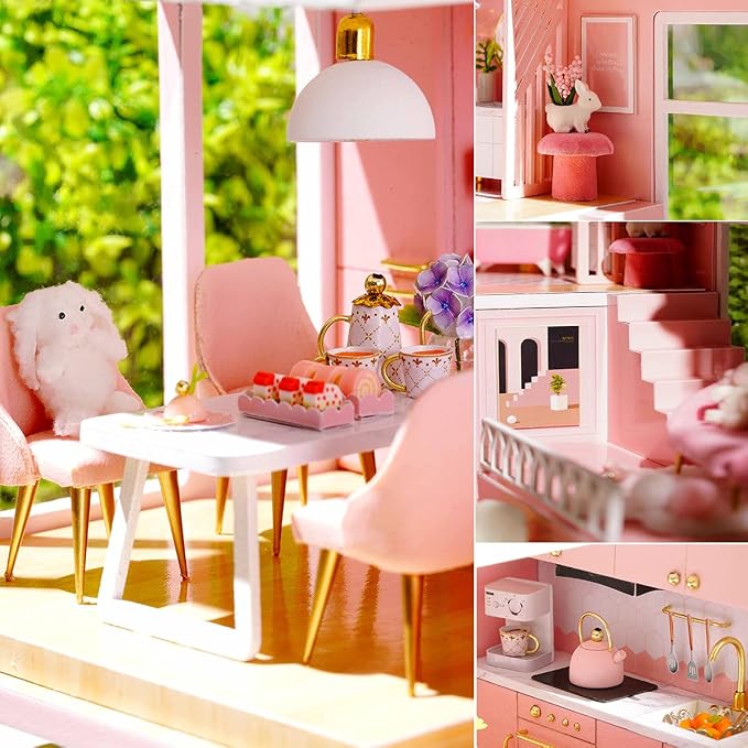 TuKIIE DIY Miniature Dollhouse Kit with Furniture, 1:24 Scale Creative Room Mini Wooden Doll House Accessories Plus Dust Proof & Music Movement for Kids Teens Adults(Warm Moments)