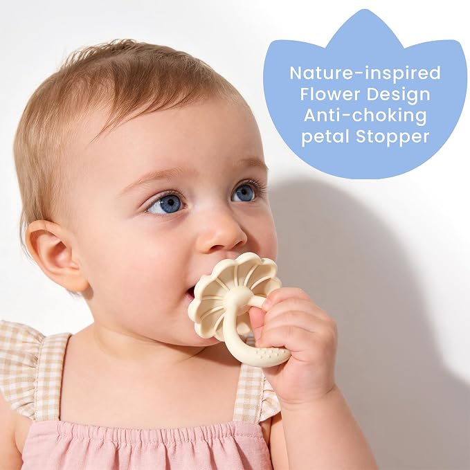Baby Silicone Flower Teether Pacifier, Nipple-Shaped End Texture for Sucking Needs, Teething Relief, Chew Sensory Toys for Babies 0-6 6-12 Months, Hands-Free Design, BPA Free, Freezable -Beige