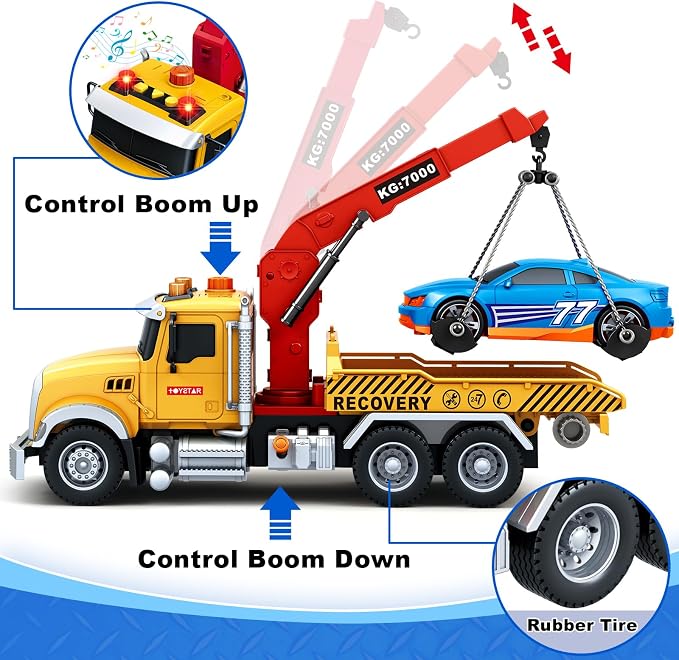 SpringFlower 15" Large Tow Truck Toy, Toy for 3 4 5 6 Years Old Boy Toddlers, Truck Vehicle with Racing Car, Traffic Signs, Working Hook, Light Sound, Birthday Gifts for Boys & Girls