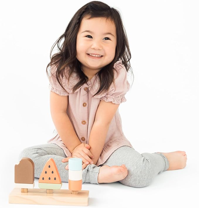 Pearhead Wooden Stacking Toy – Ice Cream Mix & Match Pretend Play Food, FSC-Certified, Montessori Toy Develops Fine Motor Skills & Hand-Eye Coordination, Boys and Girls, 1 Year Old+