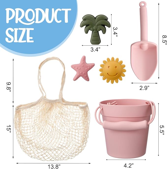 Hungdao 14 Pcs Silicone Beach Toys Travel Beach Set Sand Toys Include 2 Silicone Bucket Pail, 2 Shovel, 9 Sand Molds, 1 Beach Bag for Boys Girls Summer Pool Outdoor Bath Toys (Pink, Purple)