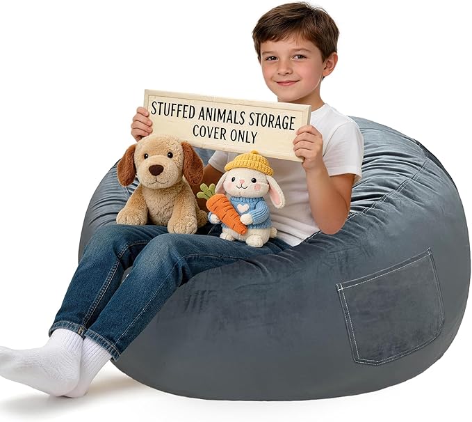 Lukeight Stuffed Animals Storage Bean Bag Chair Cover for Kids, Cozy Velvet Plush Toy Organizer Seat, Cover Only, No Filling Included, Long YKK Zipper, Side Pocket, X-Large 30 x 18 in