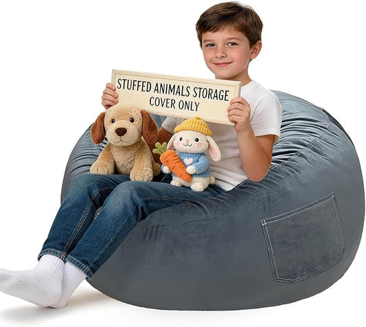 Lukeight Stuffed Animals Storage Bean Bag Chair Cover for Kids, Cozy Velvet Plush Toy Organizer Seat, Cover Only, No Filling Included, Long YKK Zipper, Side Pocket, X-Large 30 x 18 in