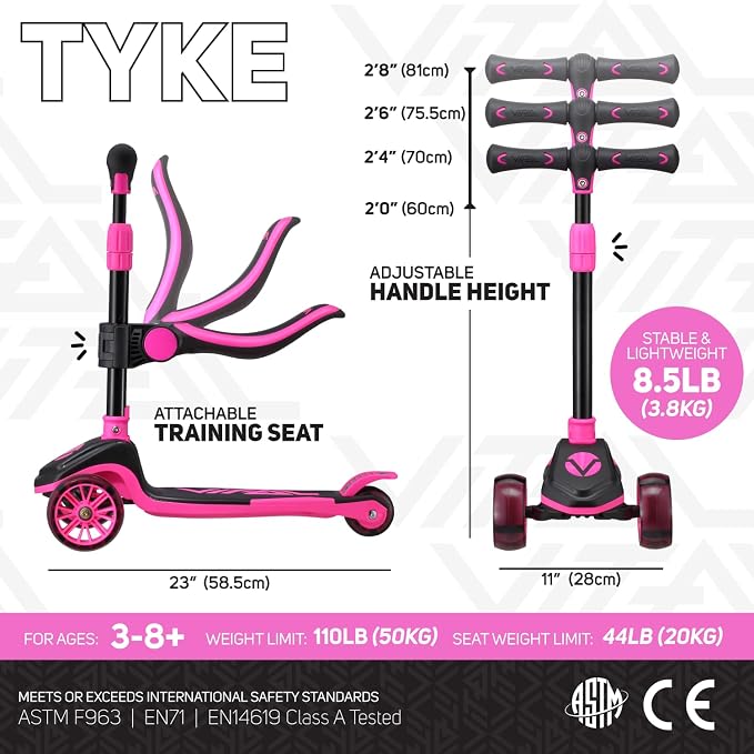 Vital Tyke 3 Wheel Toddler Scooter | LED Wheels, Foldable, Tool-Free Adjustable Handlebar & Removable Seat Scooters for Kids 3-5 and kick Scooters for Kids 5-7 up to 110lbs