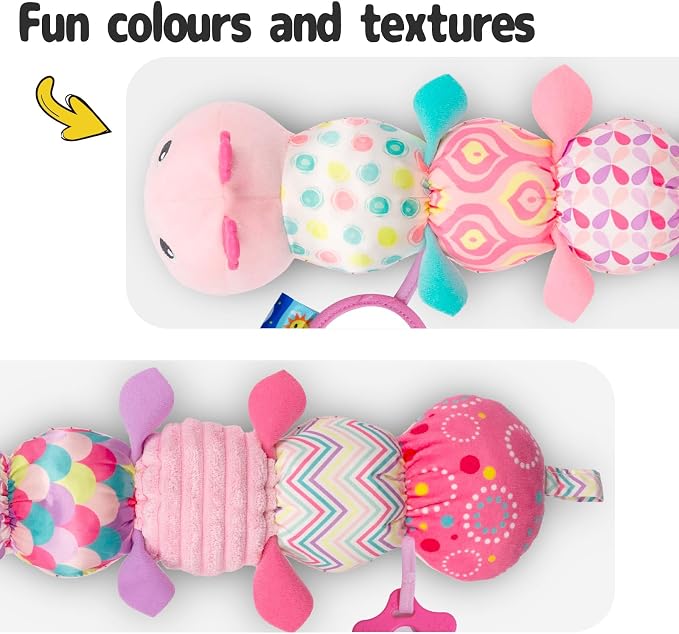 Sumobaby Infant Baby Musical Stuffed Animal Activity Soft Toys with Multi-Sensory Crinkle, Rattle and Textures, for Tummy Time 0-3-6-12 Months Girls, Caterpillar, Pink with Mirrow