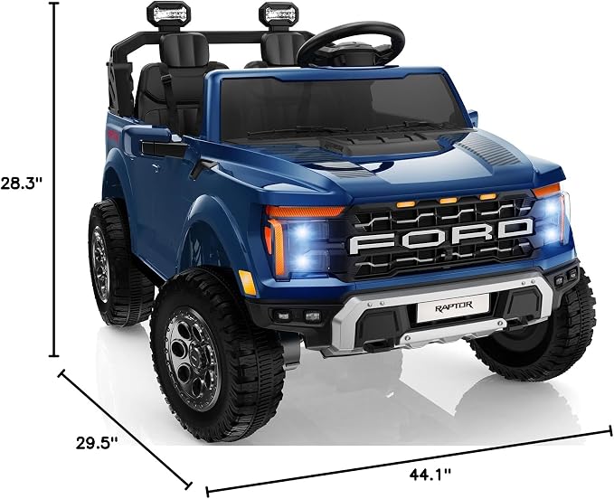 First Ride On Licensed Ford F-150 Raptor 2 Seater Ride on Car for Kids, 24 Volt Ride on Toys for Boys w/Remote Control, Kids Electric Car w/LED Lights, Bluetooth, Truck Bed Storage, Soft Start (Blue)