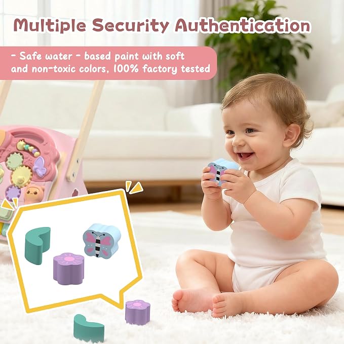 2 in 1 Wooden Baby Walker and Activity Center for Girls Boys Sit-to-Stand Learning Toy Kids Montessori Educational Push Toys with Music Detachable Busy Keyboard for Toddlers Pink