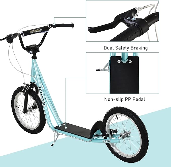 Aosom Youth Scooter Kick Scooter for Kids 5+, Max Load 220 LBS., with Adjustable Handlebar, 16" Inflatable Wheels, Dual Brakes