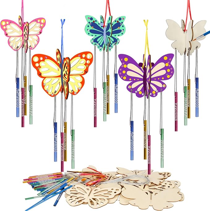 Fennoral 8 Pack 3D Butterfly Wind Chime Kit for Kids Make Your Own Butterfly Wind Chime Wooden Arts and Crafts for Kids DIY to Paint Butterfly Craft for Spring Art Activity Mother's Day Decoration