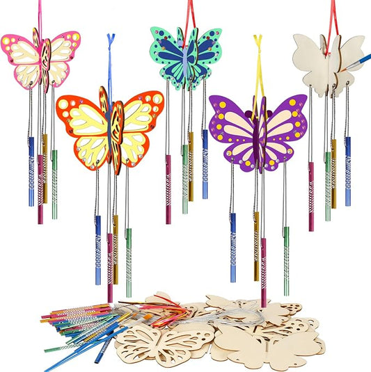 Fennoral 8 Pack 3D Butterfly Wind Chime Kit for Kids Make Your Own Butterfly Wind Chime Wooden Arts and Crafts for Kids DIY to Paint Butterfly Craft for Spring Art Activity Mother's Day Decoration