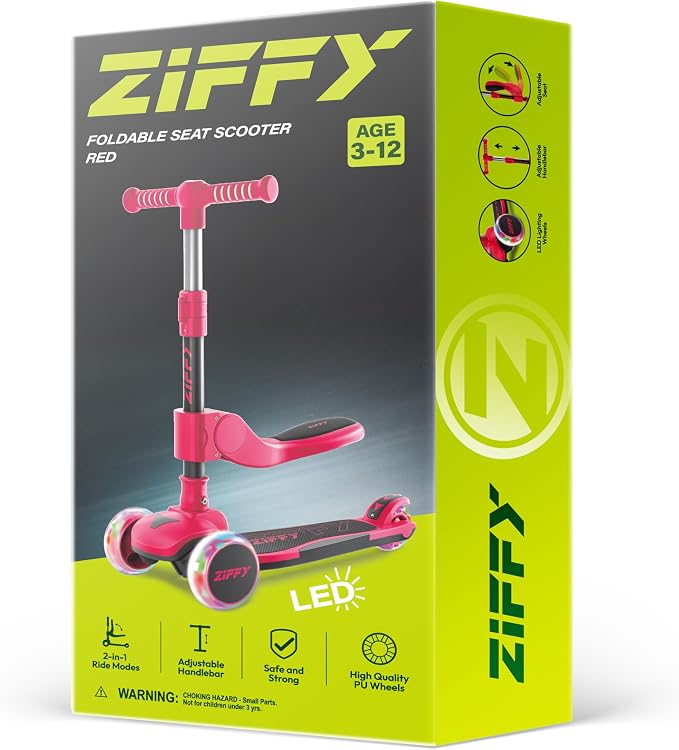 JOVA ZIFFY 2-in-1 Toddler Scooter with Seat, 3 Wheel Scooter for Kids 3-5 6-12, Foldable Light-Up Kid Scooters for Boy Girl 110 Lbs, Anti-Slip Deck, 3 Adjustable Height Handlebar, Kids Riding Toys