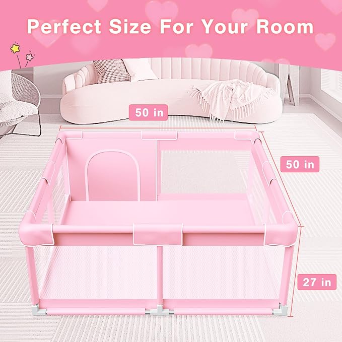 Pink Baby Playpen 50x50 Inches Playpen for Little Princess Play Yards Indoor & Outdoor Sturdy Safety Baby Girls Play Pen with Soft Breathable Mesh Toddlers Activity Center with Anti-Slip Base