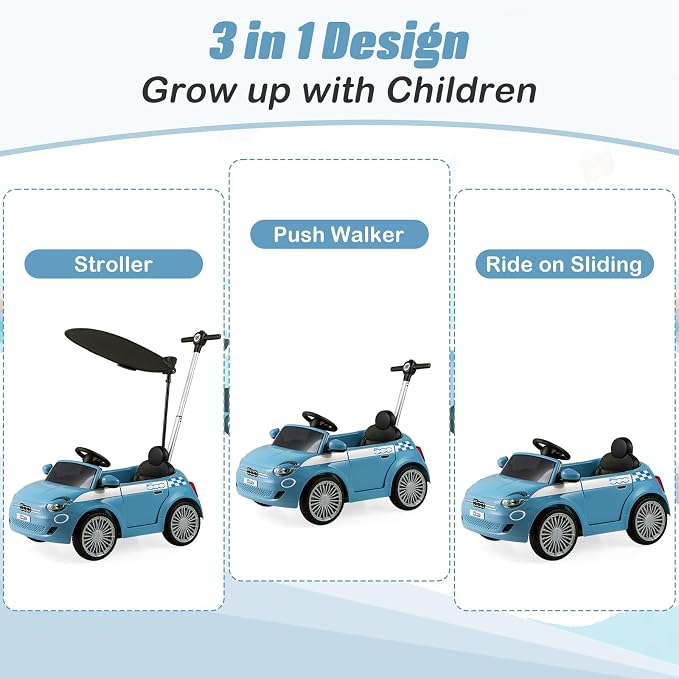 OLAKIDS Push Car for Toddlers, 3 in 1 Licensed Fiat 500e Baby Sliding Walking with Parent Control Handle Adjustable Canopy Footrest, Kids Ride on Toys with Horn for Boys Girls (Blue)