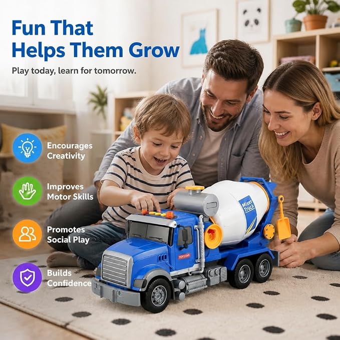 14" Blue Large Cement Mixer Truck Toy, Toddler Truck,for Boys Girls 3 4 5 6 7 8 Years Old,with Lights & Sounds,Holiday and Birthday Gift
