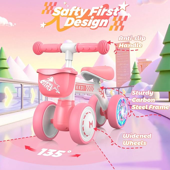 Kkdi Baby Balance Bike Ride on Toys for 1 2 Year Old, Pink Toddler Bike, First Birthday Gifts for 1 2 Year Old Girls, Baby Indoor Outdoor Toy, Colorful Lighting Silent Wheels, No Pedal/Basket