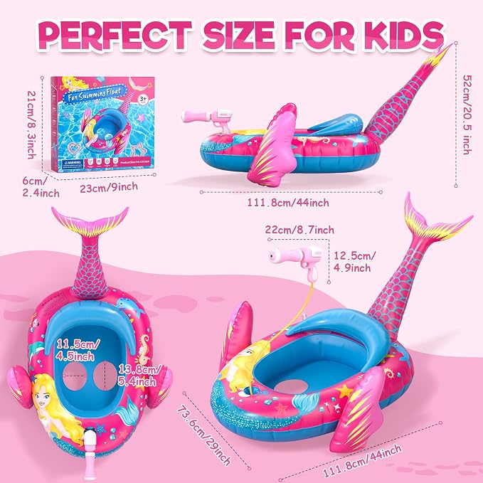 Kids Pool Floats with Water Gun, Toddler Inflatable Pool Toys for Kids Age 3-8 Years Old, Summer Outdoor Water, Beach, Swimming Pool Toys Gift for Girls
