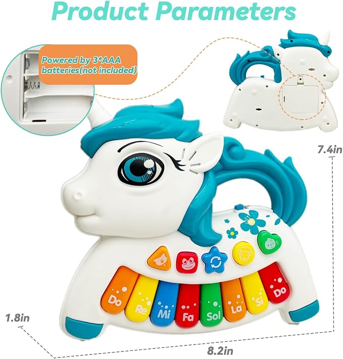 Baby Music Toys for Toddlers, Light Up Music Baby Toys for 18+ Months Early Learning Educational Piano Keyboard Infant Toys Baby Boy Girl Gifts (Unicorn-Blue)