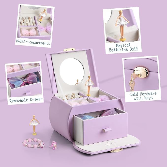 VLANDO Kids Musical Jewelry Box for Girls with Drawer, Music Box with Ballerina and Stickers for Birthday Bedroom Decor, Gifts for Girls Kids Christmas Thanksgiving Gifts 2024 - Purple