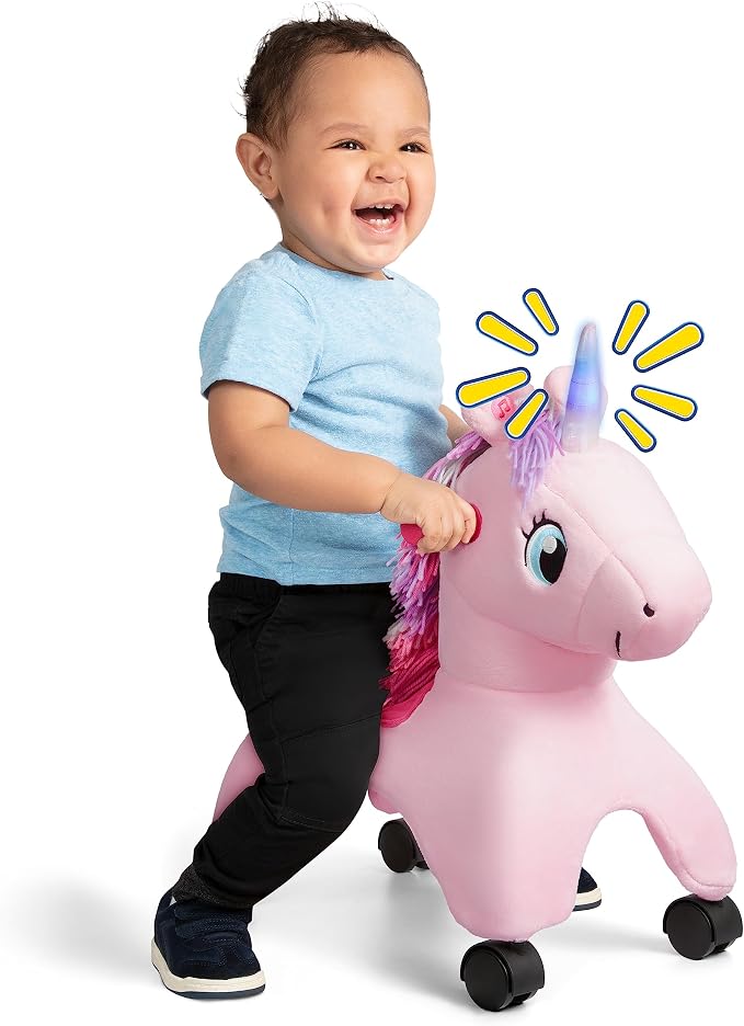Radio Flyer Shimmer the Magic Unicorn Ride On, Ages 1-3, Interactive Lights & Sounds, Horn Lights Up While Riding, EZ-Glide 360-degree Wheels, Easy Grip Handles, Soft Plush Face, Toddler Ride On Toys