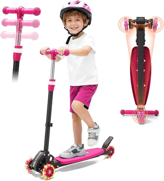 Scooters for Kids 6-8 8-12, Folding 3 Lighted Wheels Kick Scooter,3 Adjustable Height Handlebars, Lean-to-Steer,Widen Anti-Slip Deck, Heavy Duty Scooter for Boys Girls Ages 6-12,up to 170 Lbs