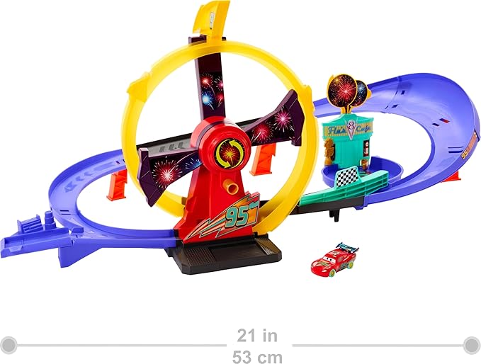 Mattel Disney Pixar Cars Toy Track Set with Light-Up Lightning McQueen, Race to Celebrate Celebration Raceway Playset with Loop & Wind-Up Kicker