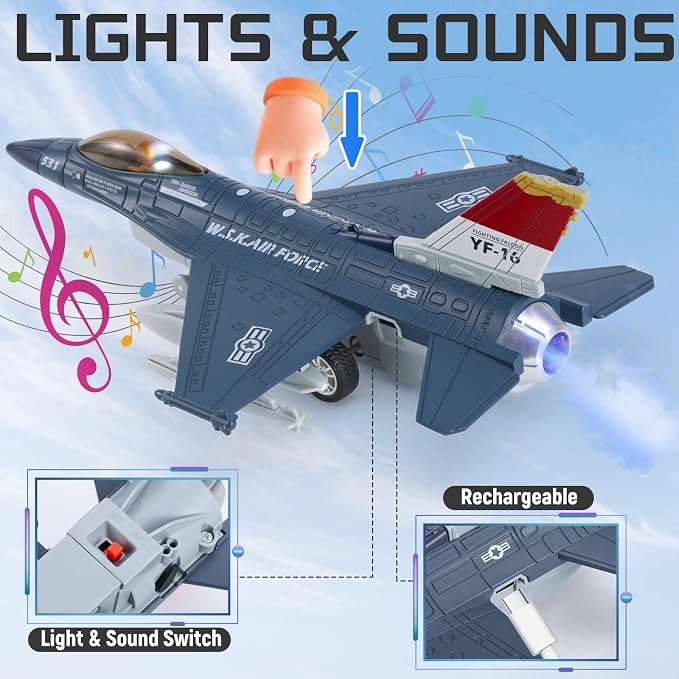 Crelloci Diecast Metal Alloy Fighter Jet Military Airplane Toy with Mist Spray, Lights & Sounds, Pull Back Function Army Air Force Aircraft for Kids, Toddlers Ages 3+, Gift for Boys Girls (Blue)