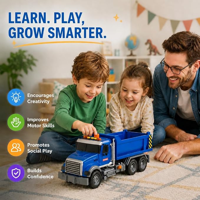 14" Blue Large Dump Truck Toy,Construction Trucks for Boys Girls 3 4 5 6 7 8 Years Old with Lights & Sounds,Holiday and Birthday Gift