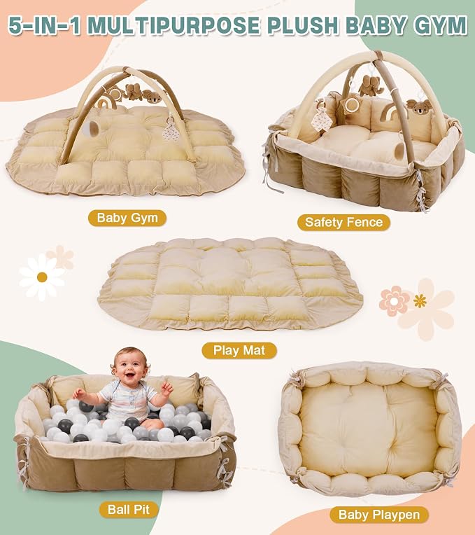 5-in-1 Baby Play Gym and Tummy Time Mat, 12 Learning Cards, Plush Activity Mat with 6 Toys, Baby Gym, Convertible to Ball Pit, Baby Gift, Brown